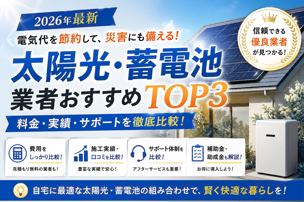 【2026年最新】電気代を節約して、災害にも備える！太陽光・蓄電池 業者おすすめTOP3｜料金・実績・サポートを徹底比較