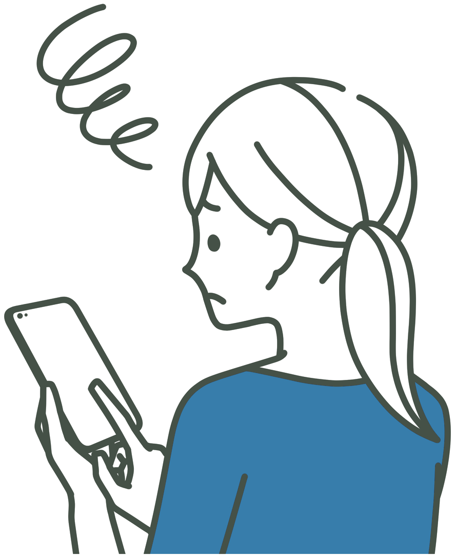 スマホで蓄電池の業者を調べて悩む女性のイラスト